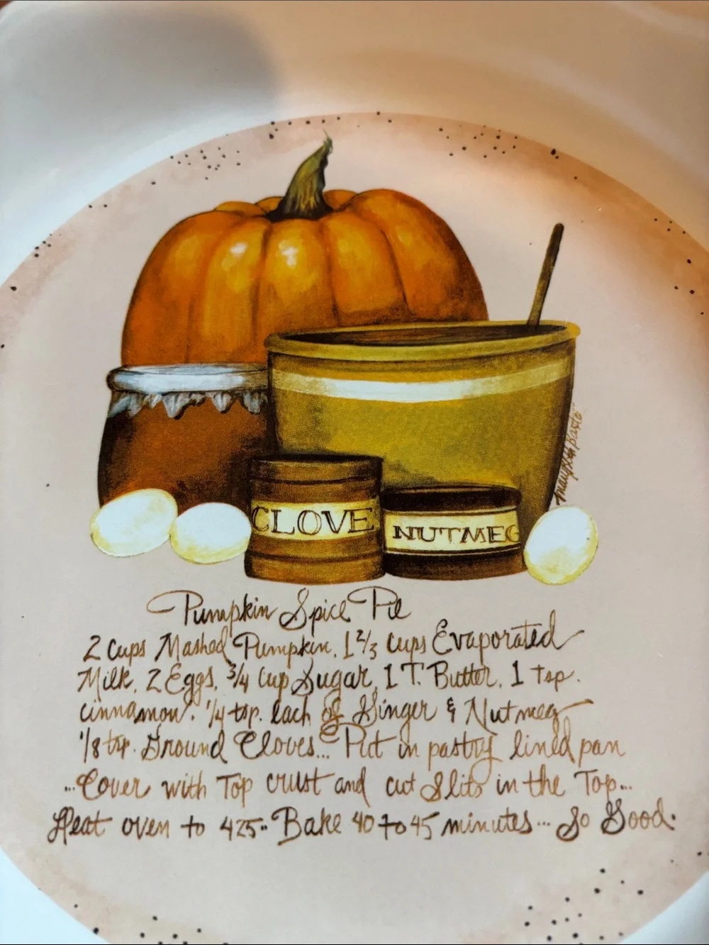 Decorative vintage Pumpkin Spice Pie Plate - Brown & Cream